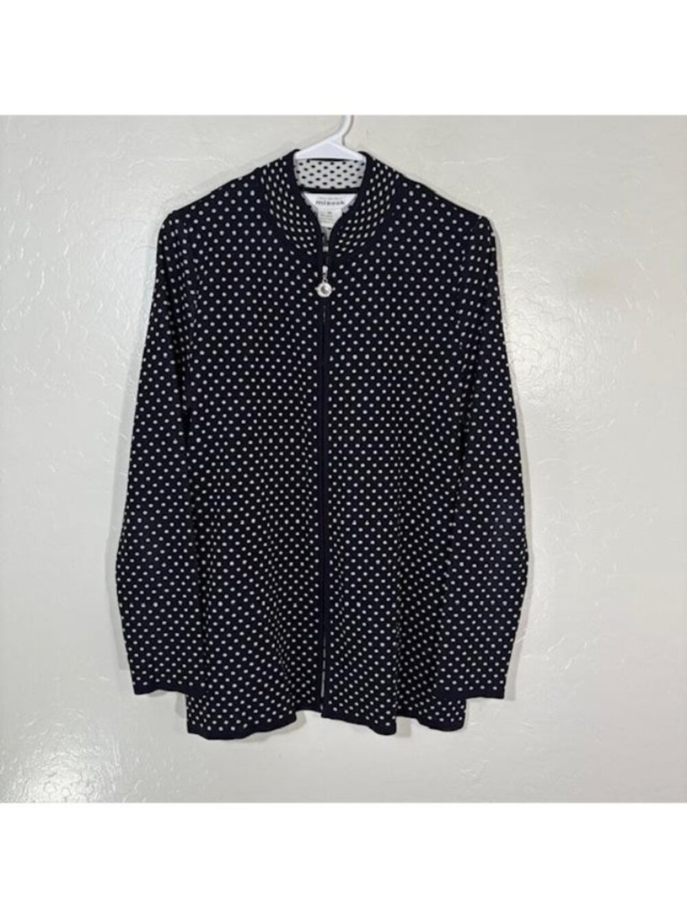 Exclusively Misook Cardigan Sweater Womens Medium Blue Polka Dot Full Zip Knit